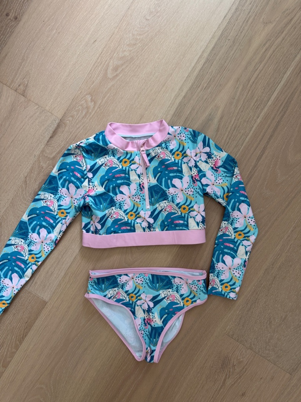 Andy & Evan Teal Floral Long-Sleeve Rashguard Set with Pink Trim